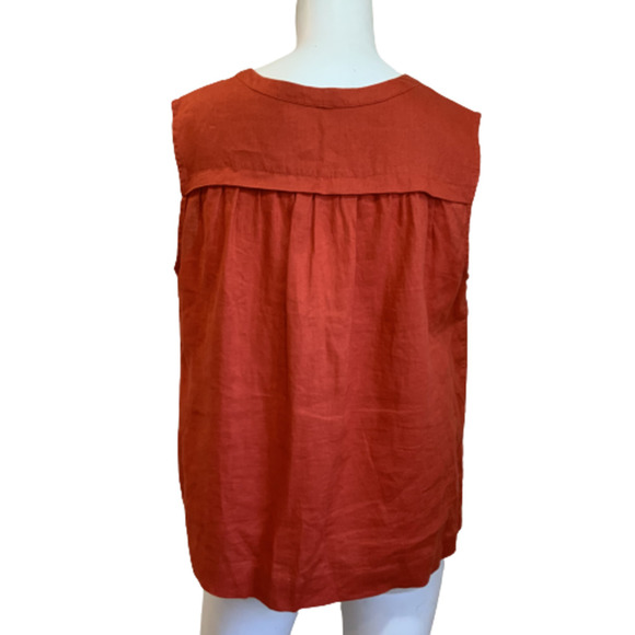 John Lewis Pure Linen Blouse V-neck Orange Red Sleeveless Popover  14 - Picture 2 of 5